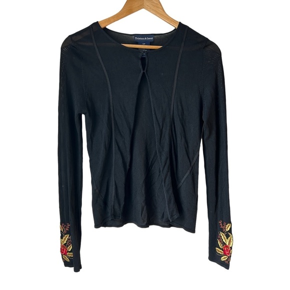 Vintage Y2K black stretch mesh cardigan with hook closure and floral embroidery - Picture 2 of 9